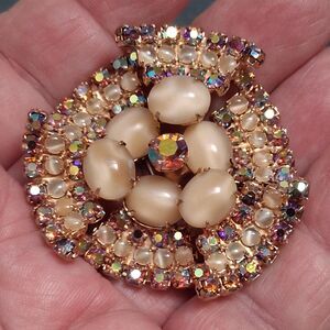 Vintage Moonstone Glass & AB Rhinestone Layered Brooch